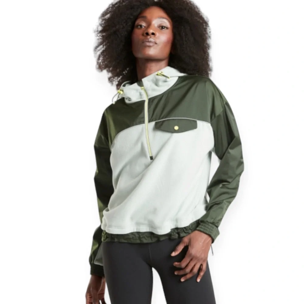 Athleta Women's Green White Zion Microfleece 1/4 Zip Hoodie Jacket Sz Small - Picture 2 of 8